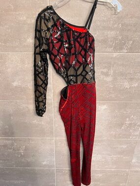 Red & Black Sequin One-Shoulder Jumpsuit